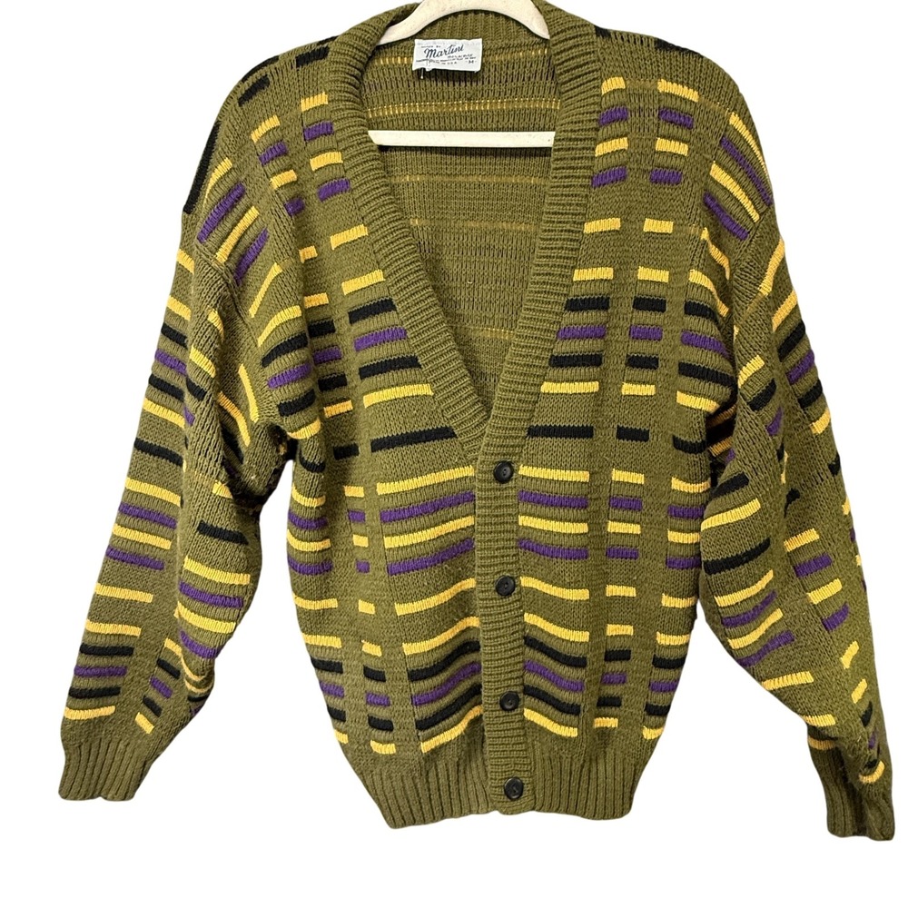 Vintage Martini Cardigan Sweater Mens Medium Green Geometric Stripe USA 80s‎